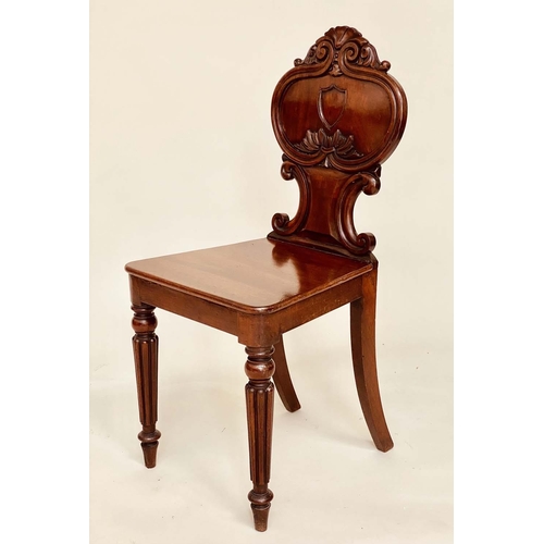 180 - HALL CHAIRS, a pair, Regency period mahogany each with scroll carved rounded backs, panel seats and ... 