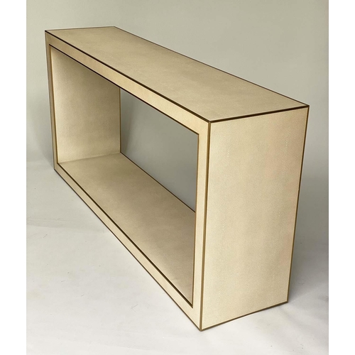 358 - CONSOLE TABLE, faux shagreen, enclosed rectangular with mitred corners and trim, 170cm W.