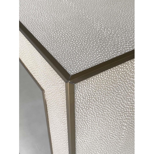 358 - CONSOLE TABLE, faux shagreen, enclosed rectangular with mitred corners and trim, 170cm W.