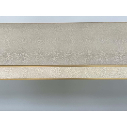 358 - CONSOLE TABLE, faux shagreen, enclosed rectangular with mitred corners and trim, 170cm W.