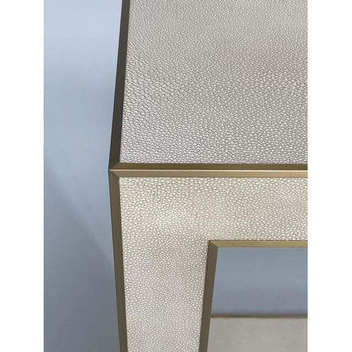 358 - CONSOLE TABLE, faux shagreen, enclosed rectangular with mitred corners and trim, 170cm W.