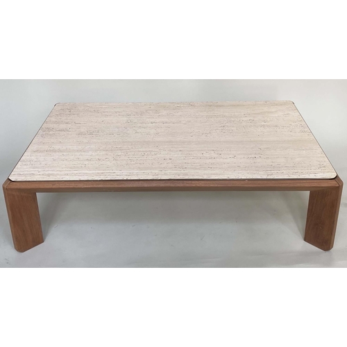 369 - LOW TABLE, 1960's Italian, rectangular travertine top raised on teak slab support, 140cm x 93cm x 39... 