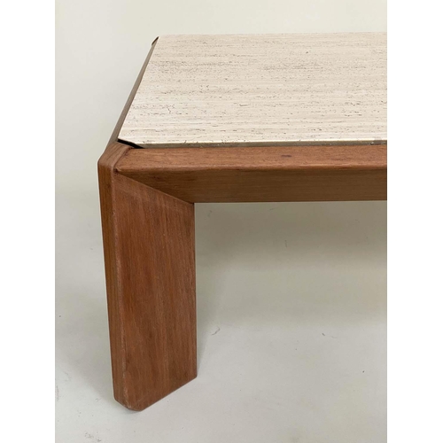 369 - LOW TABLE, 1960's Italian, rectangular travertine top raised on teak slab support, 140cm x 93cm x 39... 