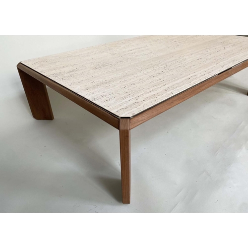 369 - LOW TABLE, 1960's Italian, rectangular travertine top raised on teak slab support, 140cm x 93cm x 39... 