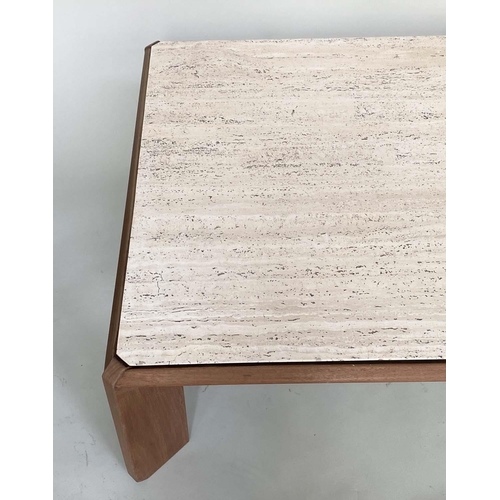 369 - LOW TABLE, 1960's Italian, rectangular travertine top raised on teak slab support, 140cm x 93cm x 39... 