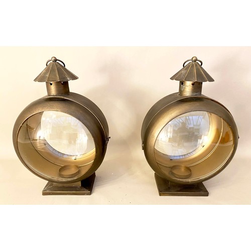 517 - LANTERNS, a pair, 54cm high x 37cm wide x 26cm deep, nautical style, antiqued gilt metal finish. (2)