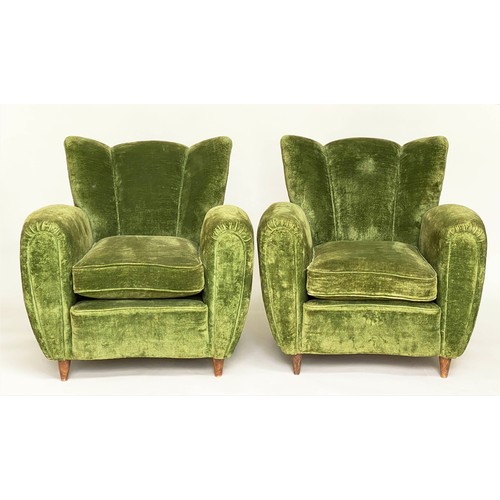 156 - WING ARMCHAIRS, a pair, green velvet upholstered with 'cloud' backs, rounded arms and tapering walnu... 