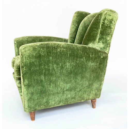 156 - WING ARMCHAIRS, a pair, green velvet upholstered with 'cloud' backs, rounded arms and tapering walnu... 