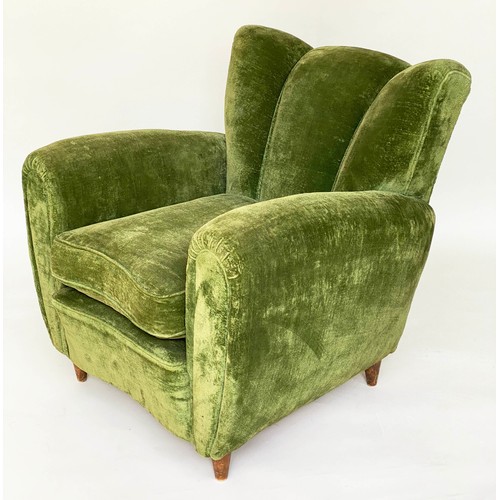 156 - WING ARMCHAIRS, a pair, green velvet upholstered with 'cloud' backs, rounded arms and tapering walnu... 