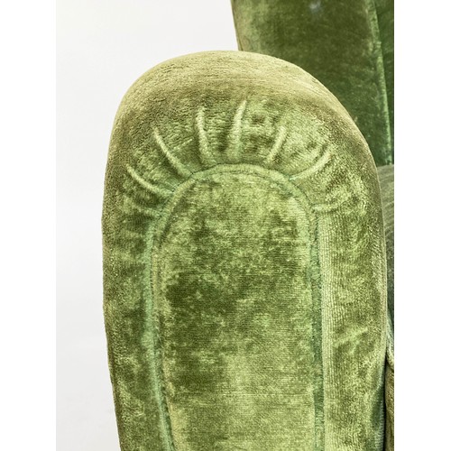 156 - WING ARMCHAIRS, a pair, green velvet upholstered with 'cloud' backs, rounded arms and tapering walnu... 