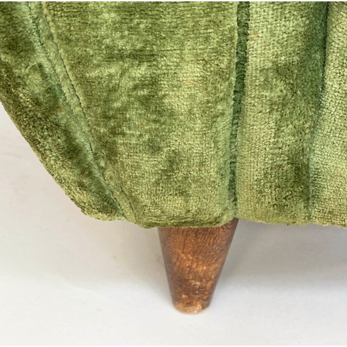 156 - WING ARMCHAIRS, a pair, green velvet upholstered with 'cloud' backs, rounded arms and tapering walnu... 