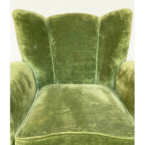 156 - WING ARMCHAIRS, a pair, green velvet upholstered with 'cloud' backs, rounded arms and tapering walnu... 