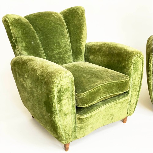 156 - WING ARMCHAIRS, a pair, green velvet upholstered with 'cloud' backs, rounded arms and tapering walnu... 