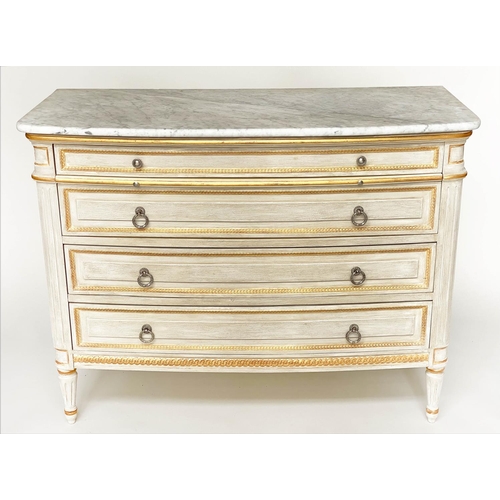 176 - COMMODE, French Louis XVI style grey painted and parcel gilt with four long drawers and slide and fl... 