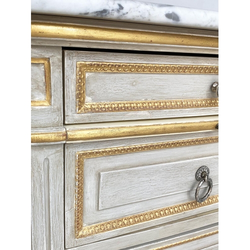 176 - COMMODE, French Louis XVI style grey painted and parcel gilt with four long drawers and slide and fl... 
