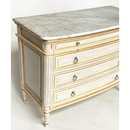 176 - COMMODE, French Louis XVI style grey painted and parcel gilt with four long drawers and slide and fl... 