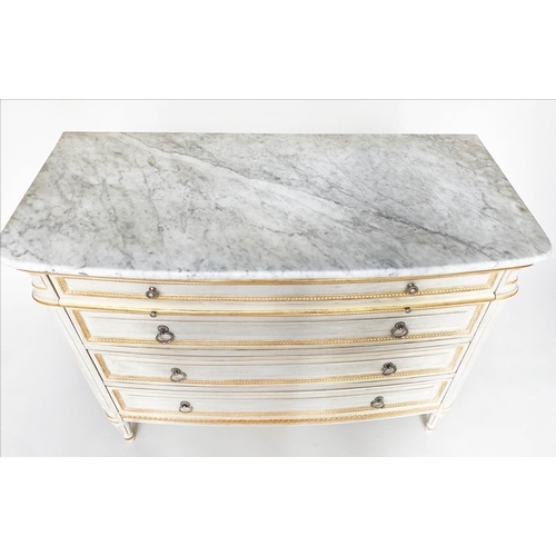 176 - COMMODE, French Louis XVI style grey painted and parcel gilt with four long drawers and slide and fl... 