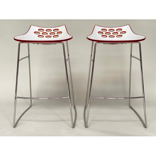 368 - JAM BAR STOOL BY CALLIGARIS, a pair, Italian moulded and pierced on chromium supports. (2)