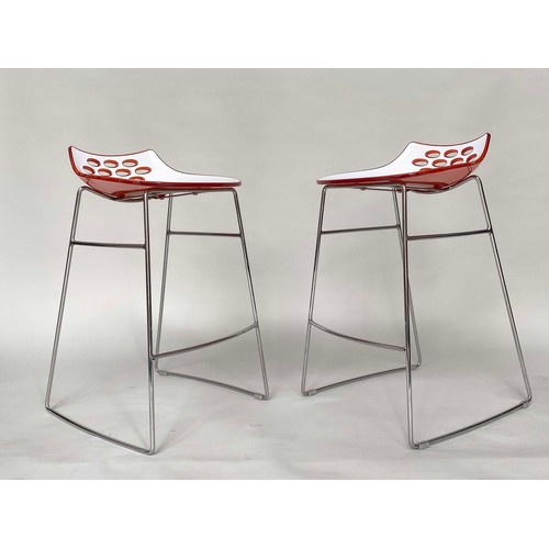 368 - JAM BAR STOOL BY CALLIGARIS, a pair, Italian moulded and pierced on chromium supports. (2)