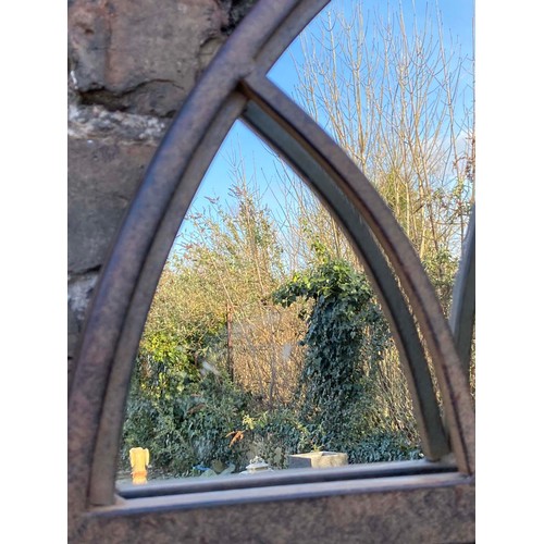 573 - ARCHITECTURAL GARDEN MIRRORS, a pair, gated design, 180cm x 75cm. (2)