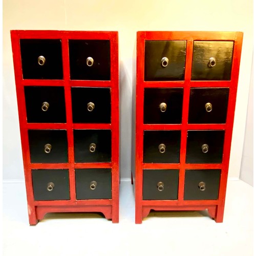 218 - SIDE CHESTS, a pair, Chinese Shanxi inspired design, red and black painted, each with eight drawers,... 