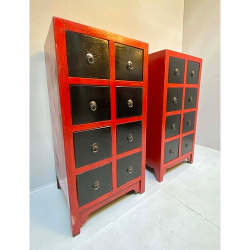 218 - SIDE CHESTS, a pair, Chinese Shanxi inspired design, red and black painted, each with eight drawers,... 