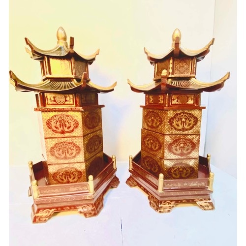 213 - CHINESE STYLE PAGODA TYPE STORAGE CABINETS, lacquered decoration, 85cm high, 40cm diameter. (2)