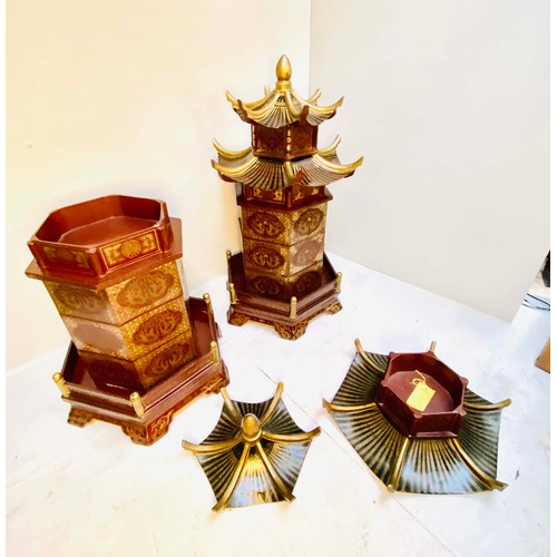 213 - CHINESE STYLE PAGODA TYPE STORAGE CABINETS, lacquered decoration, 85cm high, 40cm diameter. (2)