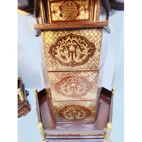 213 - CHINESE STYLE PAGODA TYPE STORAGE CABINETS, lacquered decoration, 85cm high, 40cm diameter. (2)