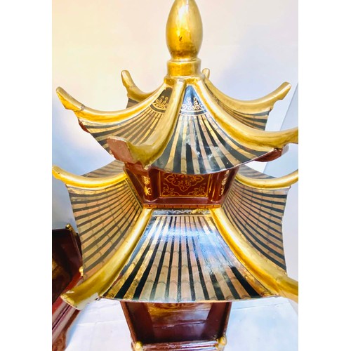 213 - CHINESE STYLE PAGODA TYPE STORAGE CABINETS, lacquered decoration, 85cm high, 40cm diameter. (2)