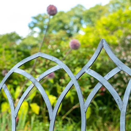 215 - GARDEN BENCH, 103cm high, 104cm wide, 55cm deep, Gothic design, aluminium, lead grey finish.