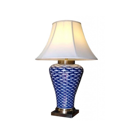 216 - TABLE LAMPS, pair, 68cm high, 46cm diameter, blue and white transfer printed fish motifs, white shad... 