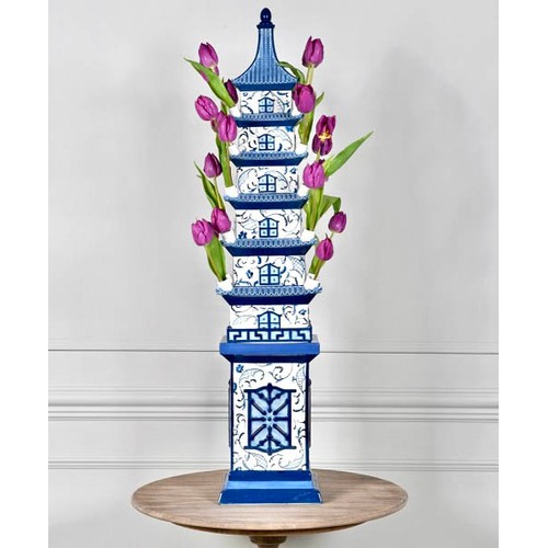 217 - CHINESE PAGODA TULIP VASE, 90cm high, 19cm wide, blue and white transfer printed, five tier form.