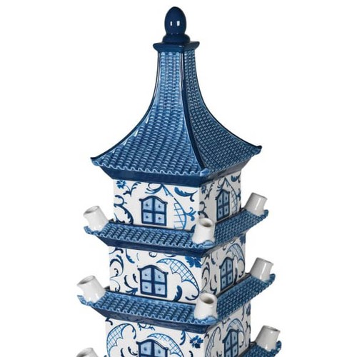 217 - CHINESE PAGODA TULIP VASE, 90cm high, 19cm wide, blue and white transfer printed, five tier form.