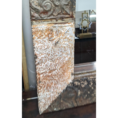 398 - ARCHITECTURAL WALL MIRROR, 160cm x 110cm, aged repoussé frame.