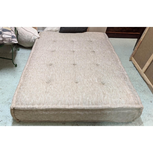 399 - OTTOMAN, with cushions of various design, 175cm x 125cm.