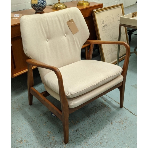 395 - ARMCHAIR, 1960s Danish style, white fabric upholstered with button back detail, 70cm W x 70.5cm D x ... 