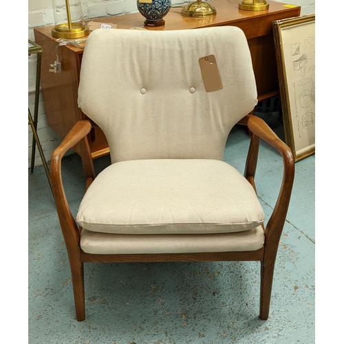 395 - ARMCHAIR, 1960s Danish style, white fabric upholstered with button back detail, 70cm W x 70.5cm D x ... 