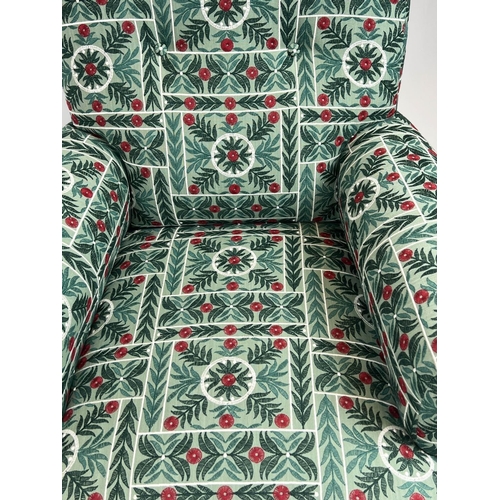 584 - ARMCHAIR, 101cm h x 80cm, Victorian in green patterned upholstery.