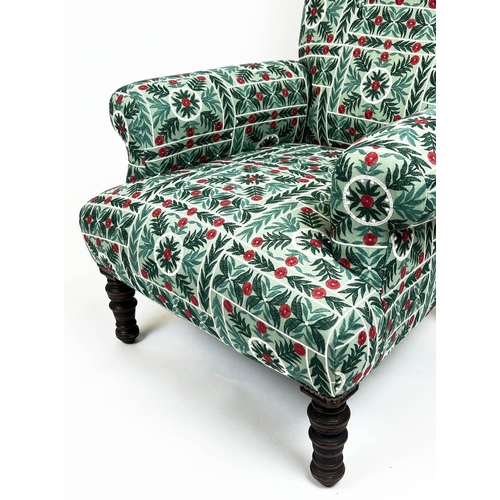 584 - ARMCHAIR, 101cm h x 80cm, Victorian in green patterned upholstery.