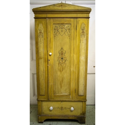 157 - WARDROBE, 195cm H x 85cm x 45cm D, Victorian yellow painted and stencil decorated circa 1850 with do... 