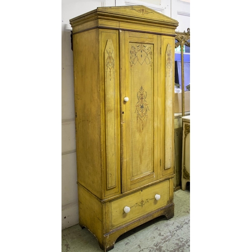 157 - WARDROBE, 195cm H x 85cm x 45cm D, Victorian yellow painted and stencil decorated circa 1850 with do... 