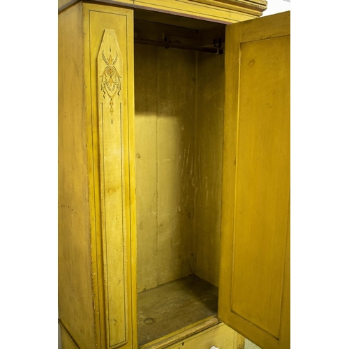 157 - WARDROBE, 195cm H x 85cm x 45cm D, Victorian yellow painted and stencil decorated circa 1850 with do... 