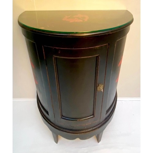 153 - DEMI LUNE SIDE CABINET, 93cm H x 81cm W x 41cm D, 19th century black painted with door enclosing zin... 