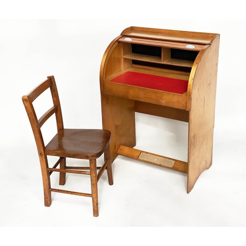 152 - CHILD'S BUREAU AND CHAIR, 81cm H x 56cm W x 36cm D, 1970's teak and plywood, with cylindrical front ... 