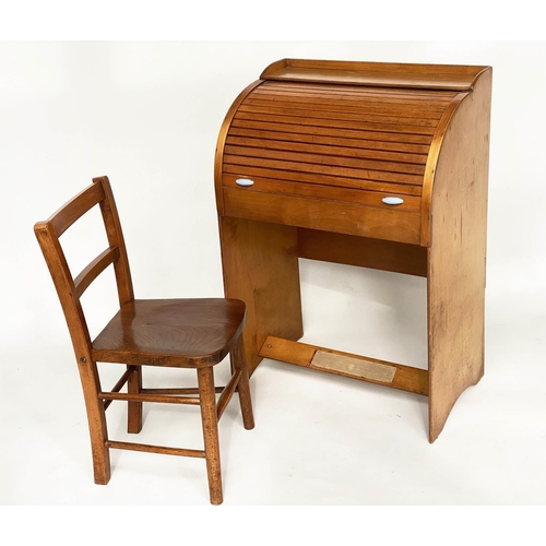 152 - CHILD'S BUREAU AND CHAIR, 81cm H x 56cm W x 36cm D, 1970's teak and plywood, with cylindrical front ... 