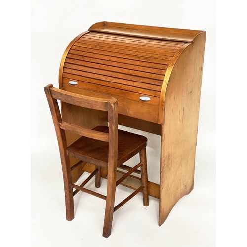 152 - CHILD'S BUREAU AND CHAIR, 81cm H x 56cm W x 36cm D, 1970's teak and plywood, with cylindrical front ... 