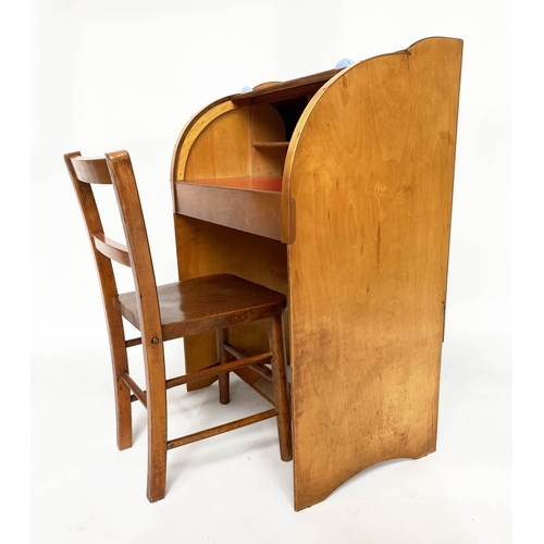 152 - CHILD'S BUREAU AND CHAIR, 81cm H x 56cm W x 36cm D, 1970's teak and plywood, with cylindrical front ... 