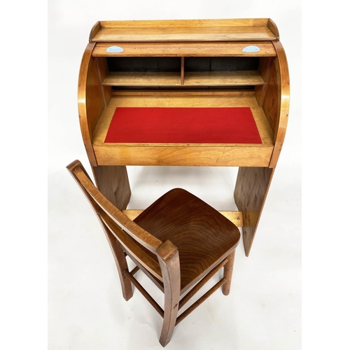 152 - CHILD'S BUREAU AND CHAIR, 81cm H x 56cm W x 36cm D, 1970's teak and plywood, with cylindrical front ... 