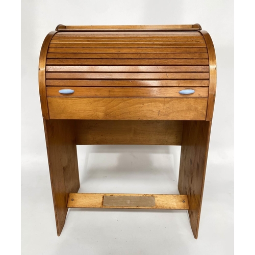 152 - CHILD'S BUREAU AND CHAIR, 81cm H x 56cm W x 36cm D, 1970's teak and plywood, with cylindrical front ... 